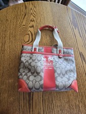 Coach Heritage Signature Tote Bag Women Tan Red Leather Trim Double Handles /LL