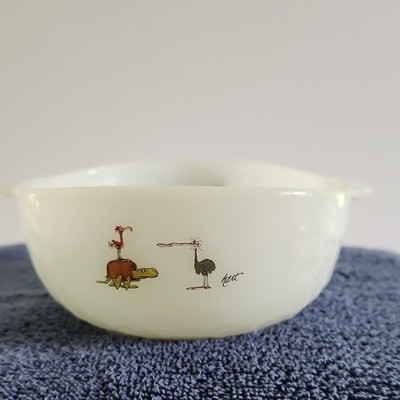 1970s Anchor Hocking Fire-King White Milk Glass B.C. Comic Pattern Handled Bowl