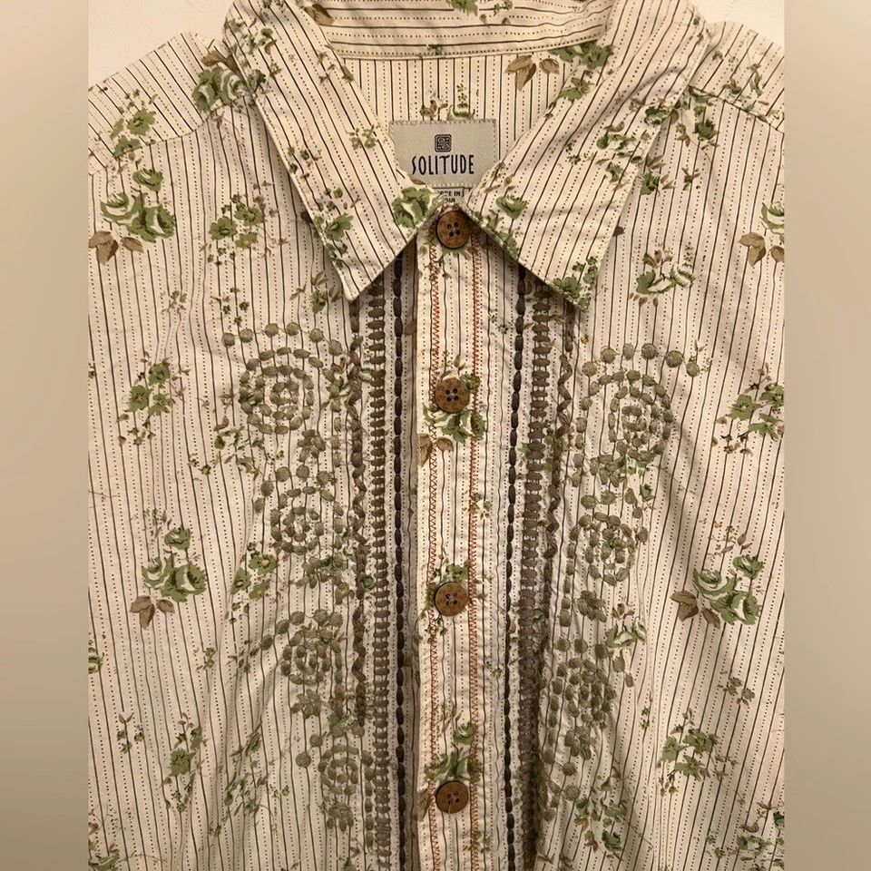 Рубашка мужская Solitude бежевая и зеленая с цветочным рисунком, размер большой - Изображение 3 из 4