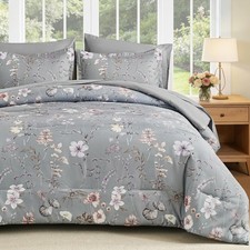Queen Comforter Set, Grey Botanical Floral Bedding Comforter Sets Queen Size ...