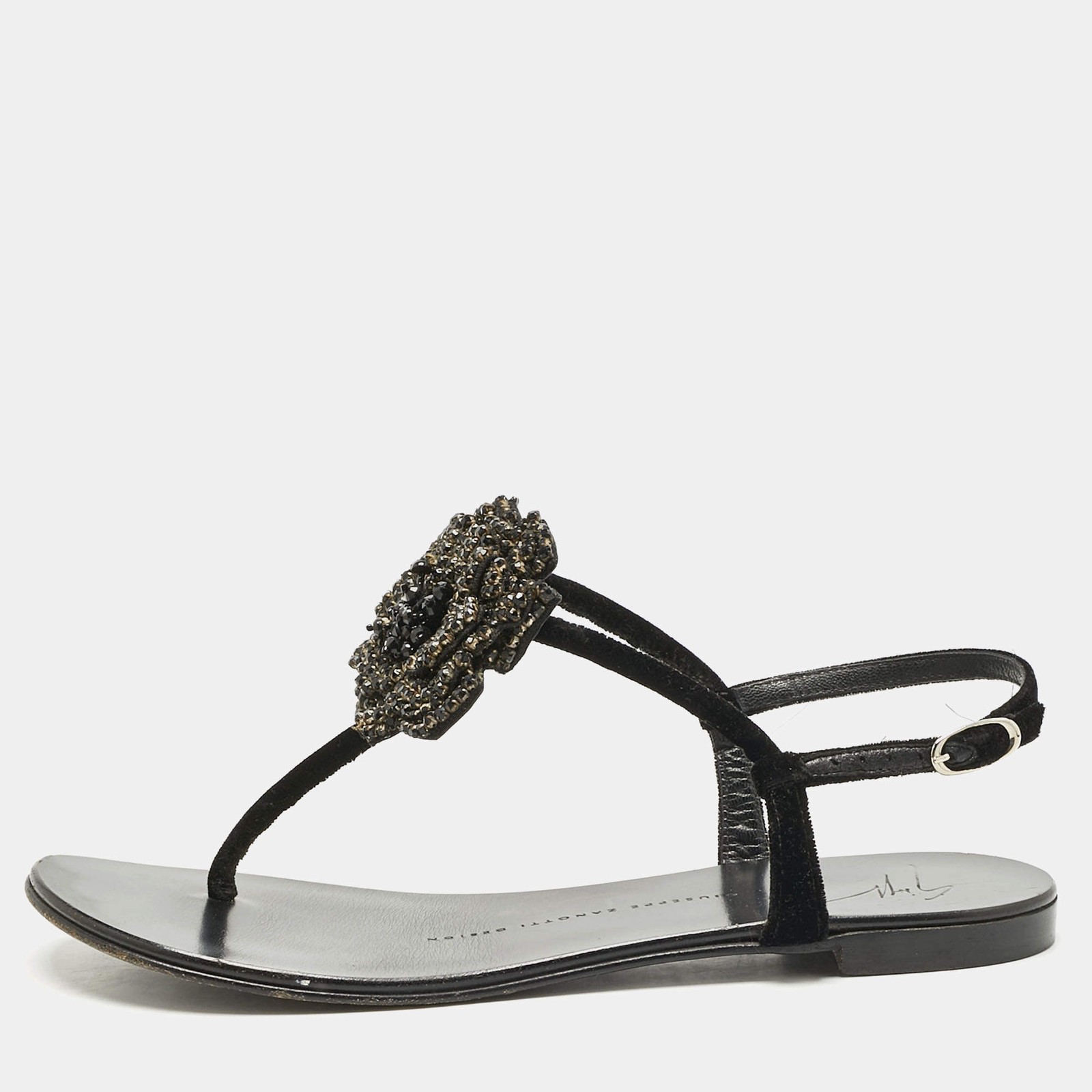 Giuseppe Zanotti Black Velvet Crystal Embellished Flower Flat Thong Sandals