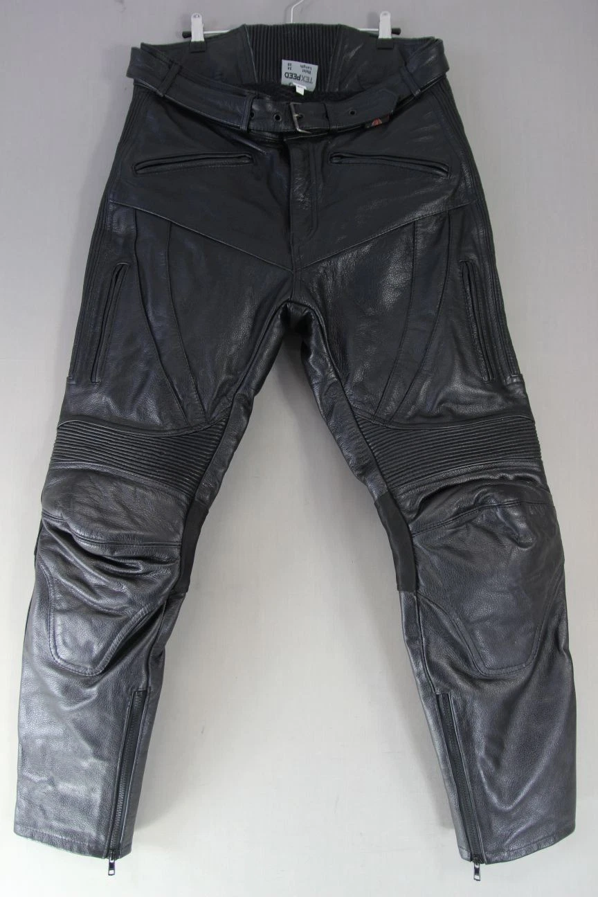 TEXPEED CLASSIC BLACK LEATHER VENTED BIKER TROUSERS: WAIST 34 INCH/LEG 30 INCH