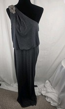 XSCAPE Joanna Cher Gray Silver Shimmer Jeweled One Shoulder Formal Dress Sz 14