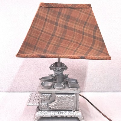 Vintage Table Lamp Cast Iron Miniature Stove + Pots Toy Salesman Sample
