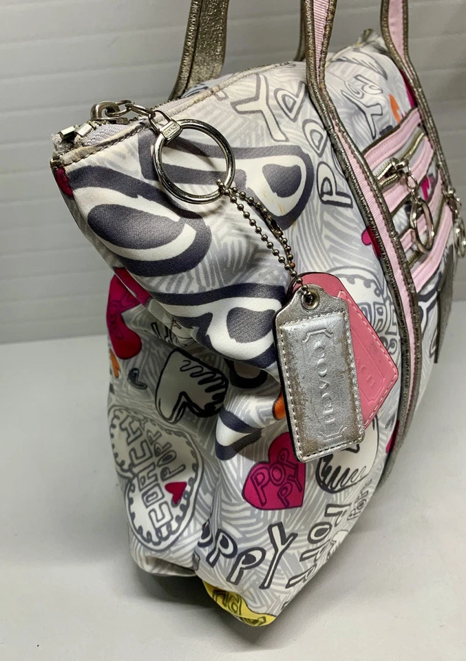 Coach Poppy Graffiti Glam Hearts Y2K Silver Leather Trim Tote Bag #14635 - Image 3 of 4