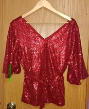 Bold Elements Sequin Blouse Top Womens Size Medium Red Vneck Tie Waist Flare...