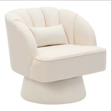 1pc Beige Modern Swivel Barrel Chair, 360 Degree Velvet Upholstered Armchair