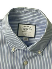 Charles Tyrwhitt Shirt Mens 15 1/2 Short Sleeve Classic Fit No Iron Blue Stripe