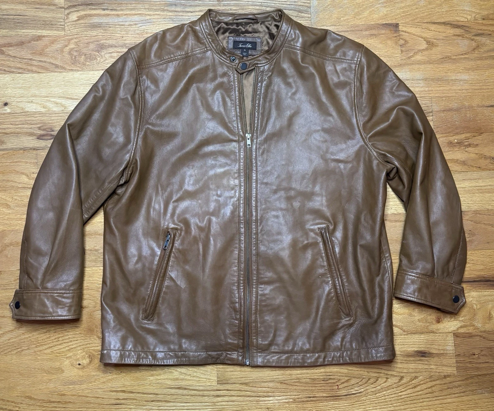 TASSO ELBA Mens Brown Soft Leather Cafe Racer Motorcycle Full Zip Jacket Sz XL image 1