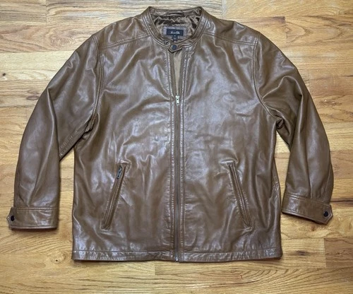 TASSO ELBA Mens Brown Soft Leather Cafe Racer Motorcycle Full Zip Jacket Sz XL video thumbnail