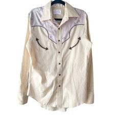 Vintage Wrangler Mens Western Shirt M Beige Floral Yoke Pearl Snap USA Rodeo 70s
