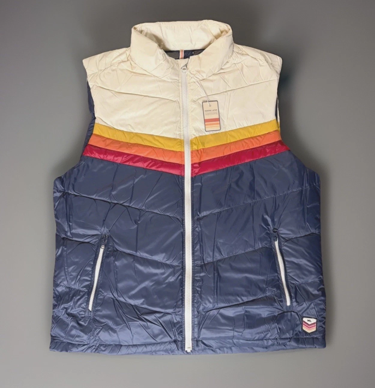Marine Layer Archive Boreal Puffer Vest Navy Sunset Colorblock Chevron Jacket XL