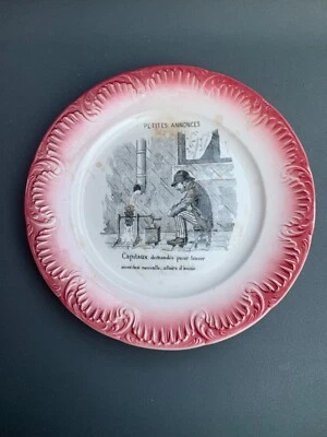 Sarreguemines Serie PETITES ANNONCES Humor 1. um 1900 Dessert Deko Teller - Bild 1 von 4