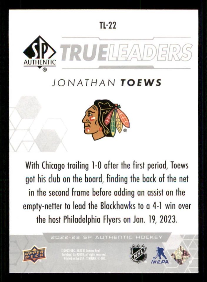 2022-23 SP Authentic True Leaders #TL22 Jonathan Toews - Image 2 of 2
