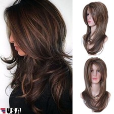 Dark Brown w/Gold Highlight Ombre Shoulder Length Wig Women Synthetic Curly Hair