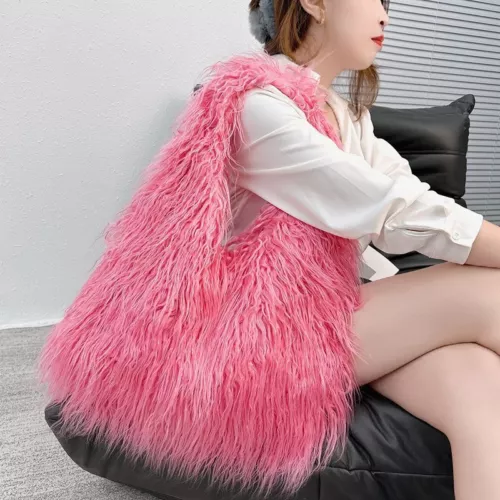 Women Handbag Shoulder Bag Faux Mongolian Fur Furry Fluffy Plush Winter Handbag - Picture 3 of 34