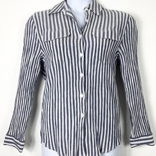 Vintage Medium Blouse Button Up Top Striped Shoulder Pads Collared Joanna Womens