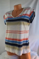 T.O.P. TEE (S/M) Knit Pullover Roll Tab Cap Sleeve CORAL WHITE BLUE Cotton Poly