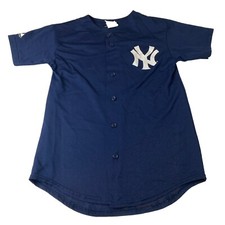 New York Yankees Derek Jeter youth Large Majestic Blue button up jersey shirt