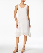 Style & Co. Women's White Boho Embroidered Asymmetrical Hem Shift Dress Sz S