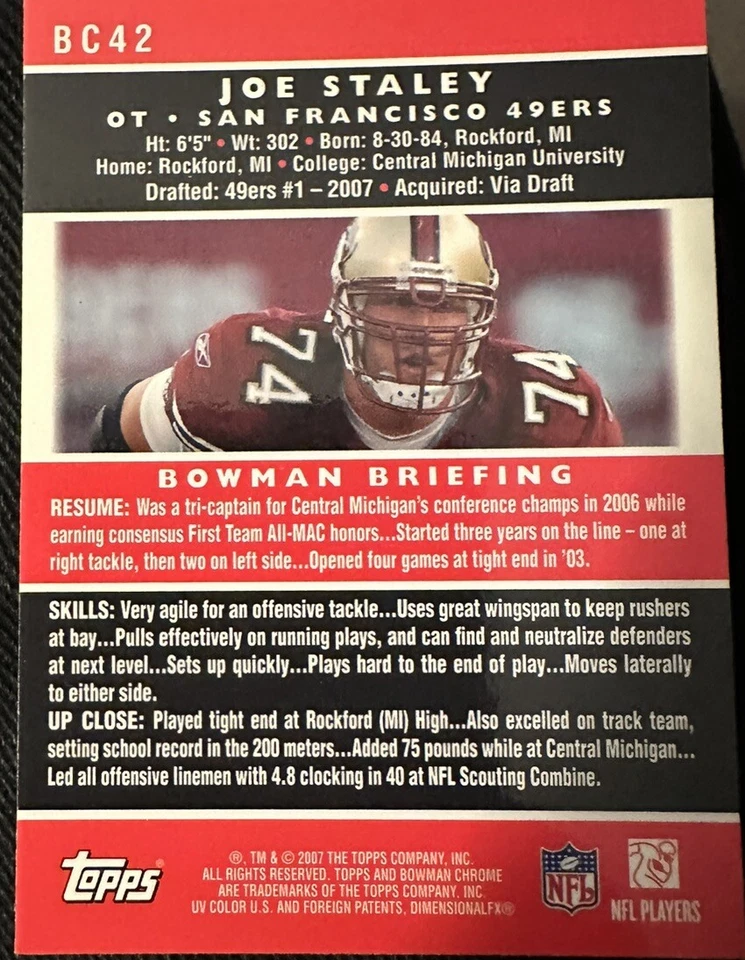 2007 BOWMAN ХРОМ ДЖО СТЕЙЛИ RC САН-ФРАНЦИСКО 49ERS #BC42 - Изображение 2 из 2