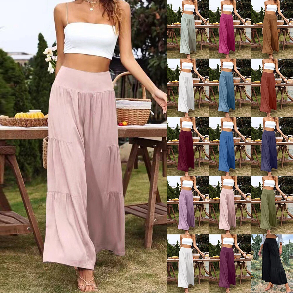 Womens Casual Trousers Ladies Elastic Waist Wide Leg Beach Palazzo Pants  Summer