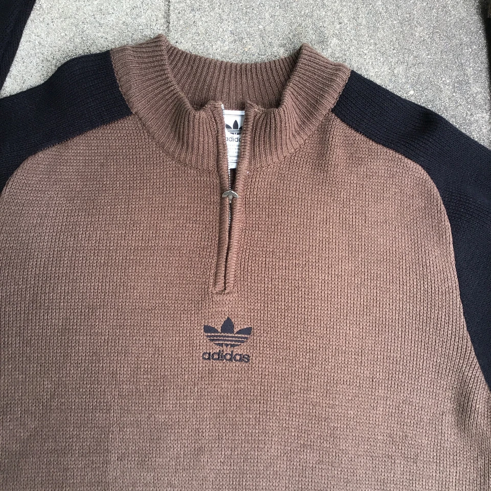Suéter Tejido Adidas De Colección Hombres Grande 1/4 Cremallera Pullover Marrón Logo Sudadera Foto 4 de 4