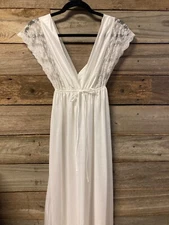Vtg Val Mode Long Slip Dress Lingerie Sheer Shiny Nightgown Nylon Lace White Med