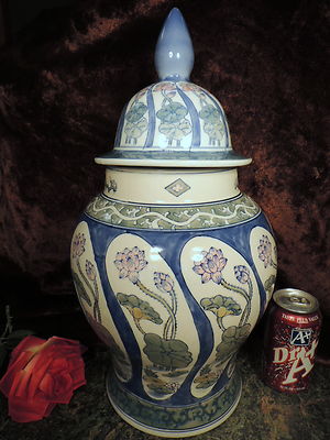 HUGE 17+'' TALL HP Blue White Green SWIRL Ginger Cookie Jar Lily Pad Pink Flowers
