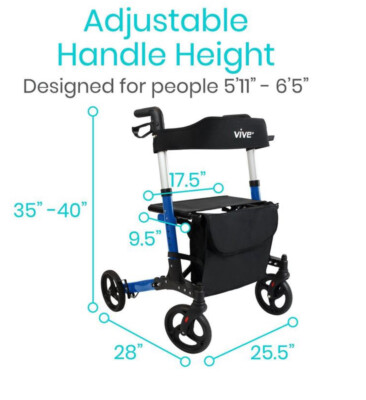 FOLDABLE TALL ROLLATOR SERIES T, 35''-40'', ALUMINUM, 300LBS, BLUE FDA VIVE HEALTH