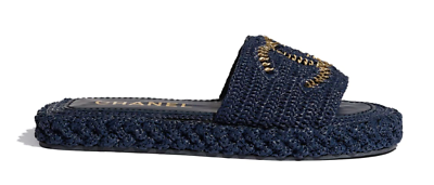Chanel 21C Navy Blue Cord Gold Chain CC Logo Mule Slide Slip On
