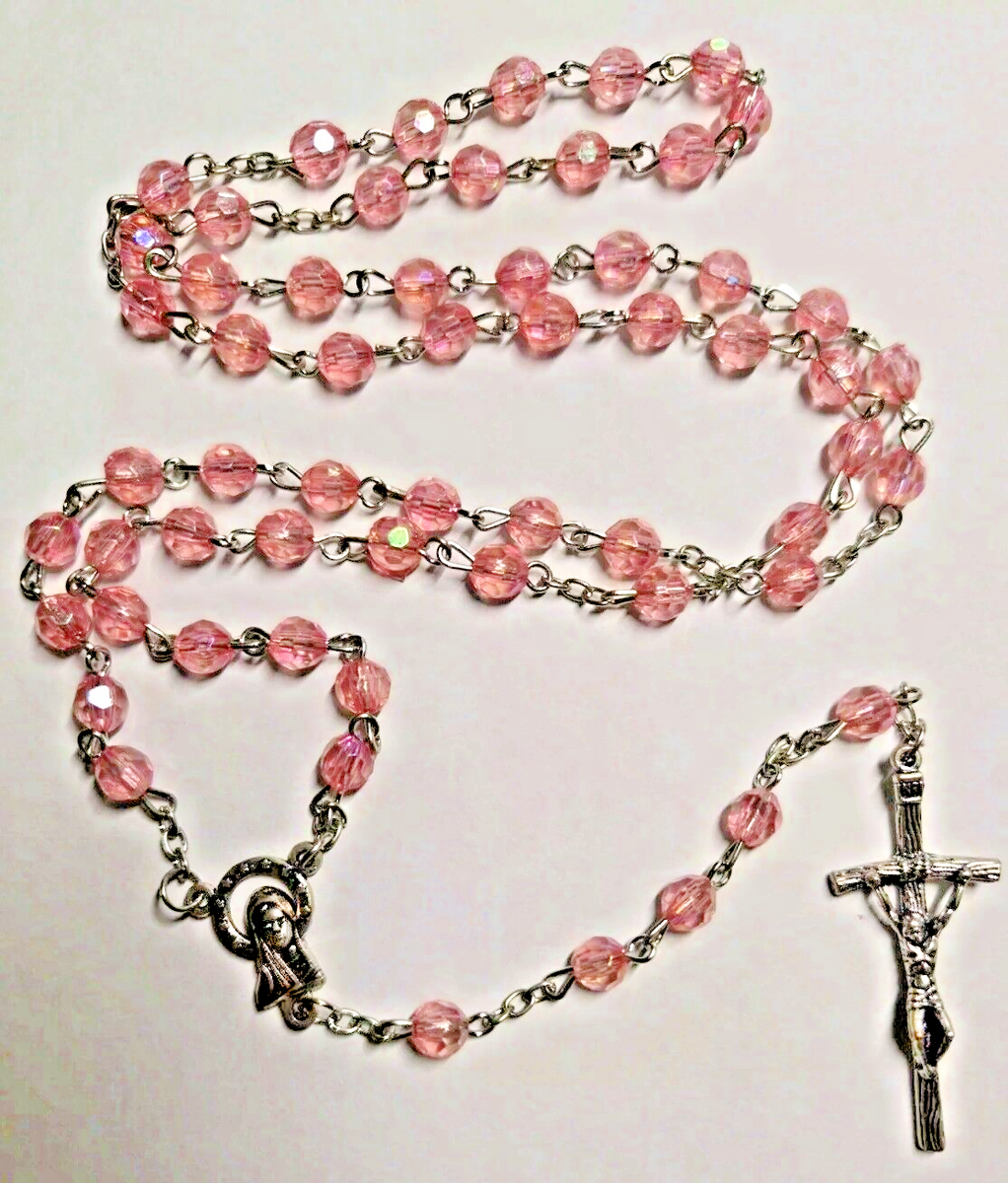 Pink Glass Beads Catholic Rosary 18”-First Holy Communion Girl's
