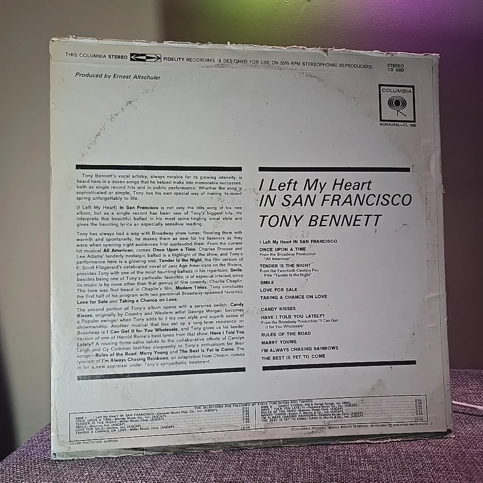 Tony Bennett–I Left My Heart in San Francisco–1962 Columbia–CS 8669 Vinyl Record Foto 2 de 4