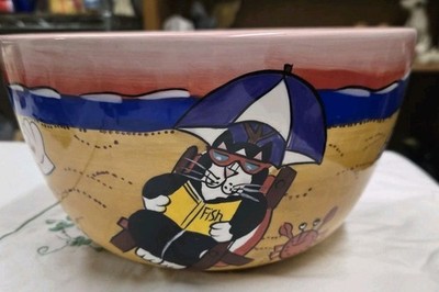 Catzilla Kitty Cat Bowl Colorful Flowers Hand-painted  9'' Across 5'' Tall