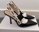 DIOR - J’Adior Black Patent Point Toe, White Ribbon Slingback High Heels Sz 40