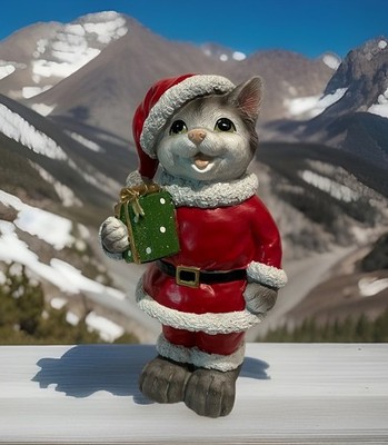 Cat Festive Figurine 11'' Christmas Garden Statue Cat Dressed as Santa with Gift