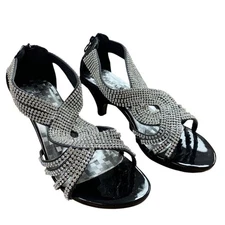 Delicacy Womens Size 9 Silver Rhinestone on Shiny Black Open Toe 3" Heel Shoes