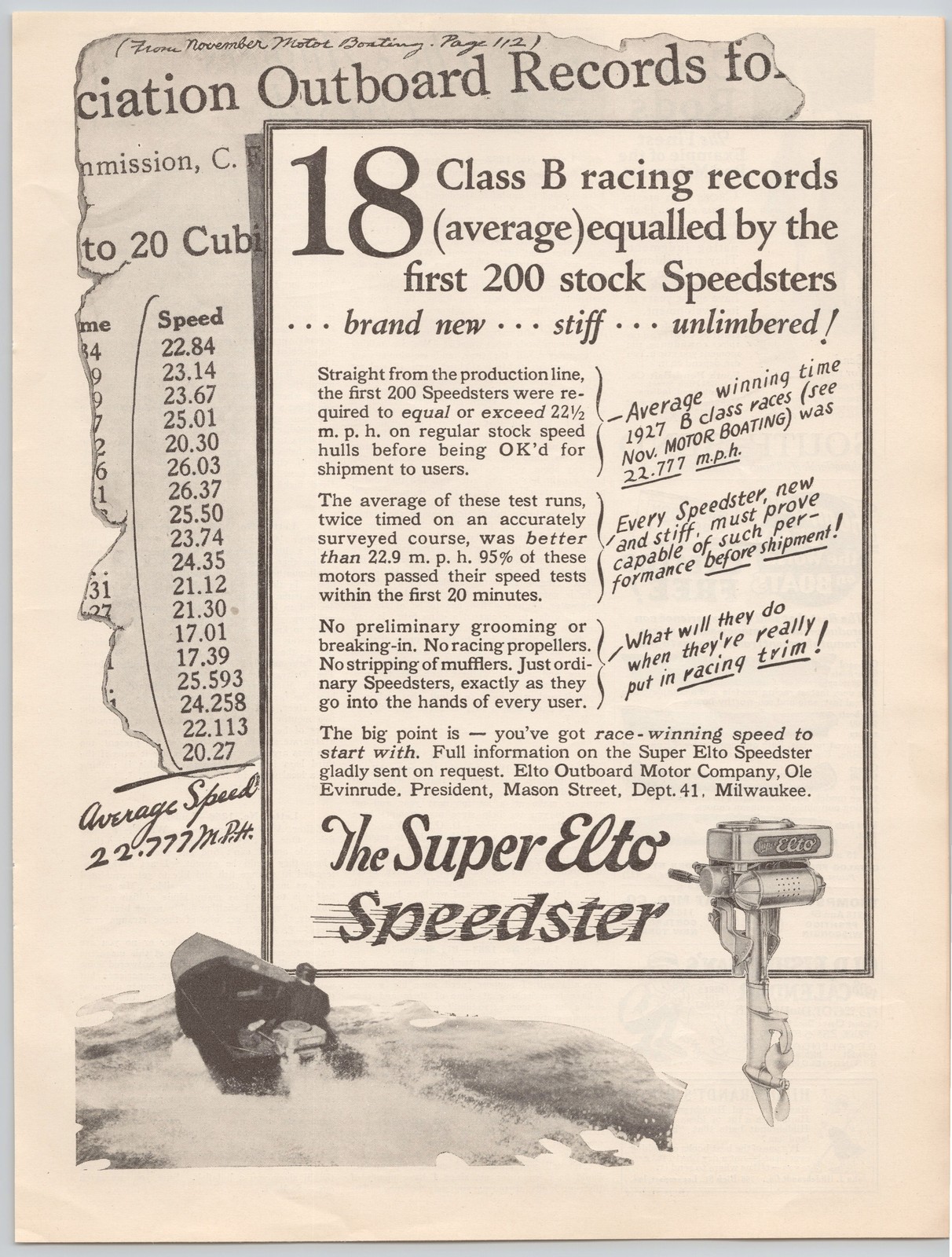 Pubblicità Super Elto Speedster Fuoribordo Motor Racing Milwaukee 1928 Stampa d'epoca