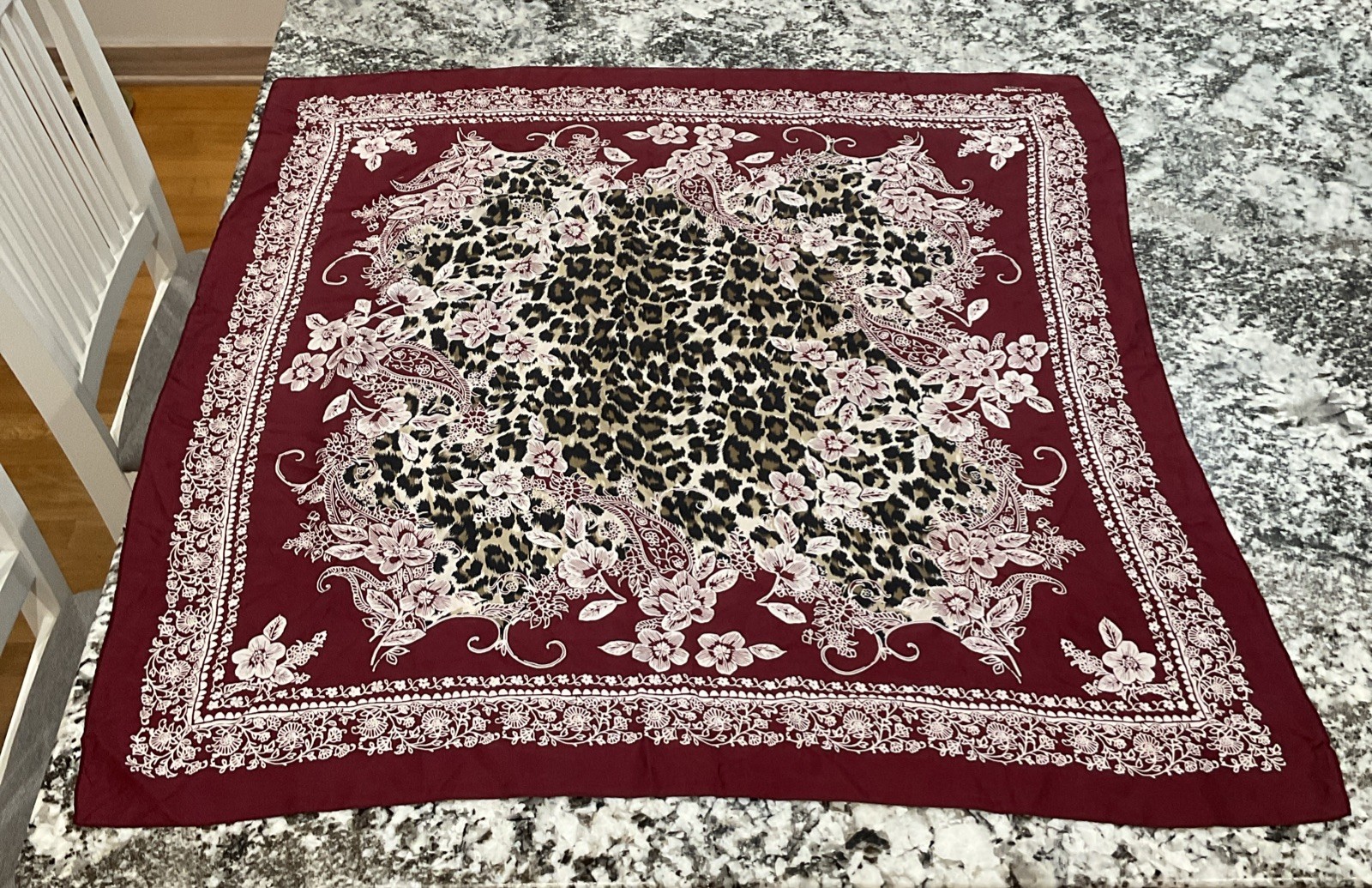 Adrienne Landau Studio Silk Blend 35” Square Bandana Maroon Leopard Scarf
