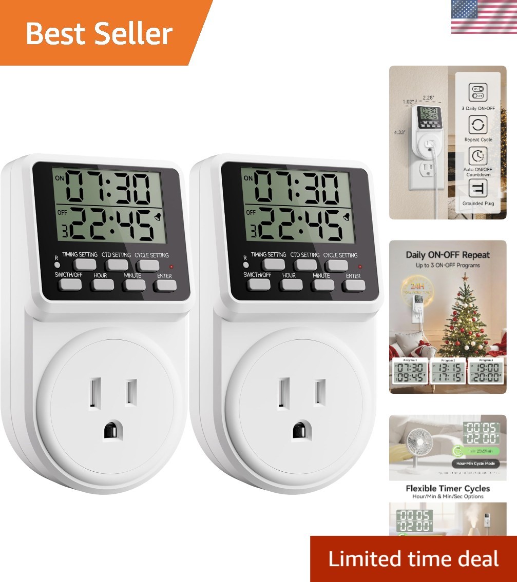 Versatile 24-Hour Timer Plug For Lights &Amp; Appliances - Energy Efficient 2 Pack