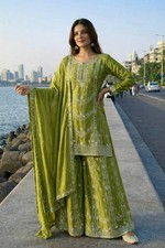 Launching Designer Chinnon Silk Kurta Palazzo With Dupatta For Party Wear