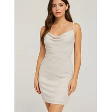 Vtg MadRag White Glitter Cowl neck Bodycon Mini Dress NWT Sparkle Y2K Party LWD