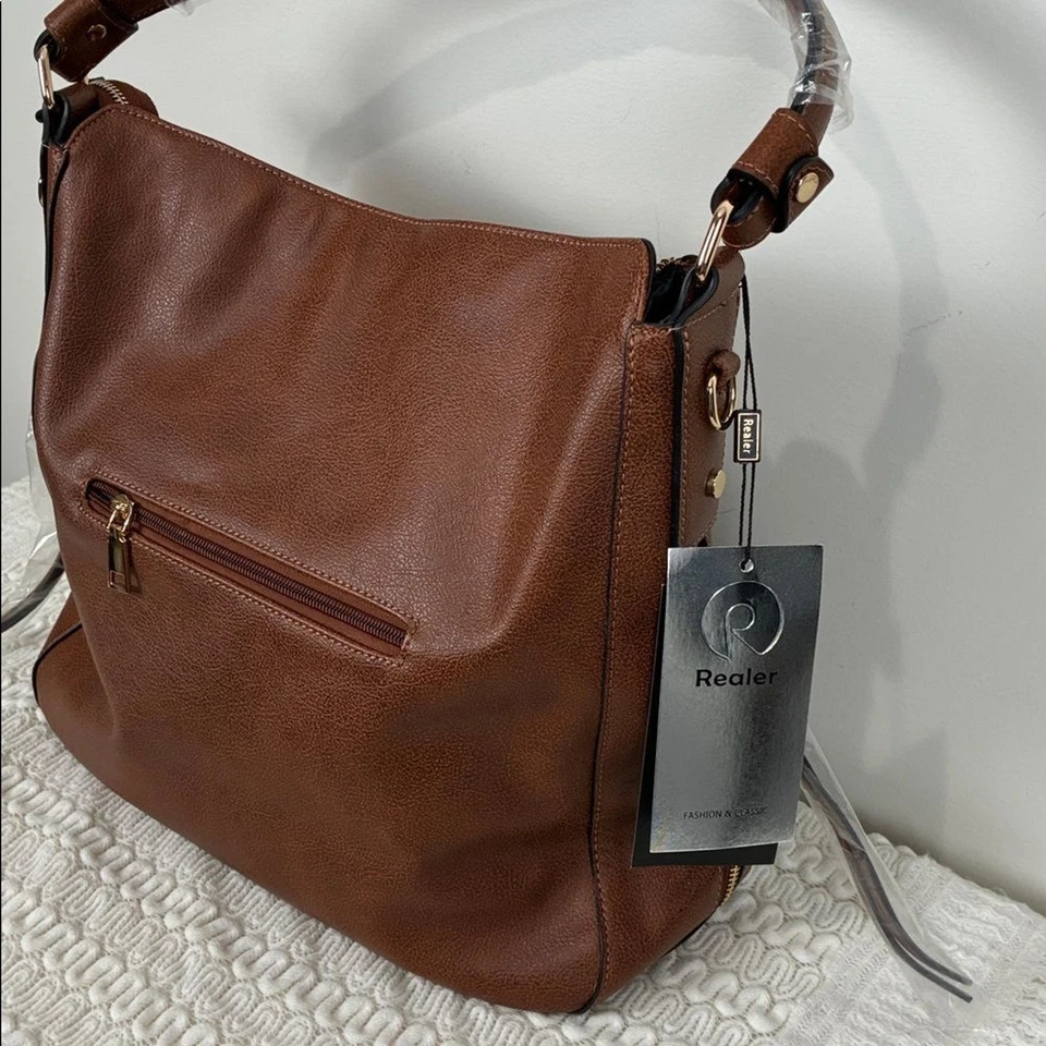Новый с Ярлыками Realer коричневый искусственной кожи наплечная сумка w/через плечо ремень карманы молнии Hobo - Изображение 2 из 4