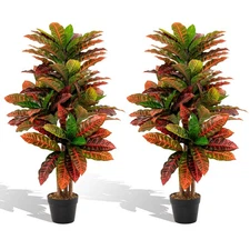 2PCS Artificial Croton Plant 40" Tall Faux Fiddle Leaf fig Tree w/ Nursery Pot