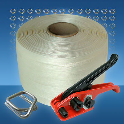Umreifungsset 19 mm verleimt + Klemmen + Bandspanner(rot) + Abroller Umreifungsset 19 mm verleimt + Klemmen + Bandspanner(rot) + Abroller