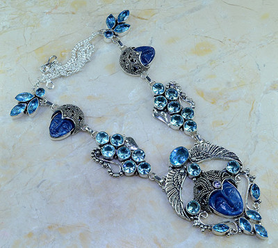 STUNNING WINGED GODDESS & HER BABIES BLUE TOPAZ AMETHYST SILVER NECKLACE 22 1/4