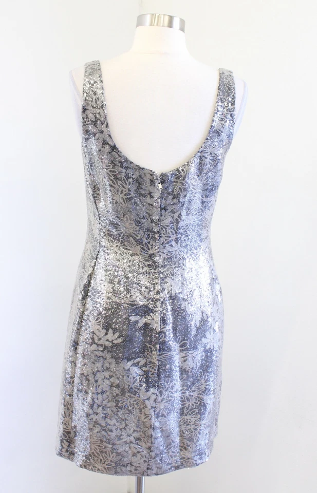 Vestido Vaina Kay Unger Gris Plateado Marrón Estampado Floral Lentejuelas Cóctel Fiesta Talla 6 Foto 4 de 4