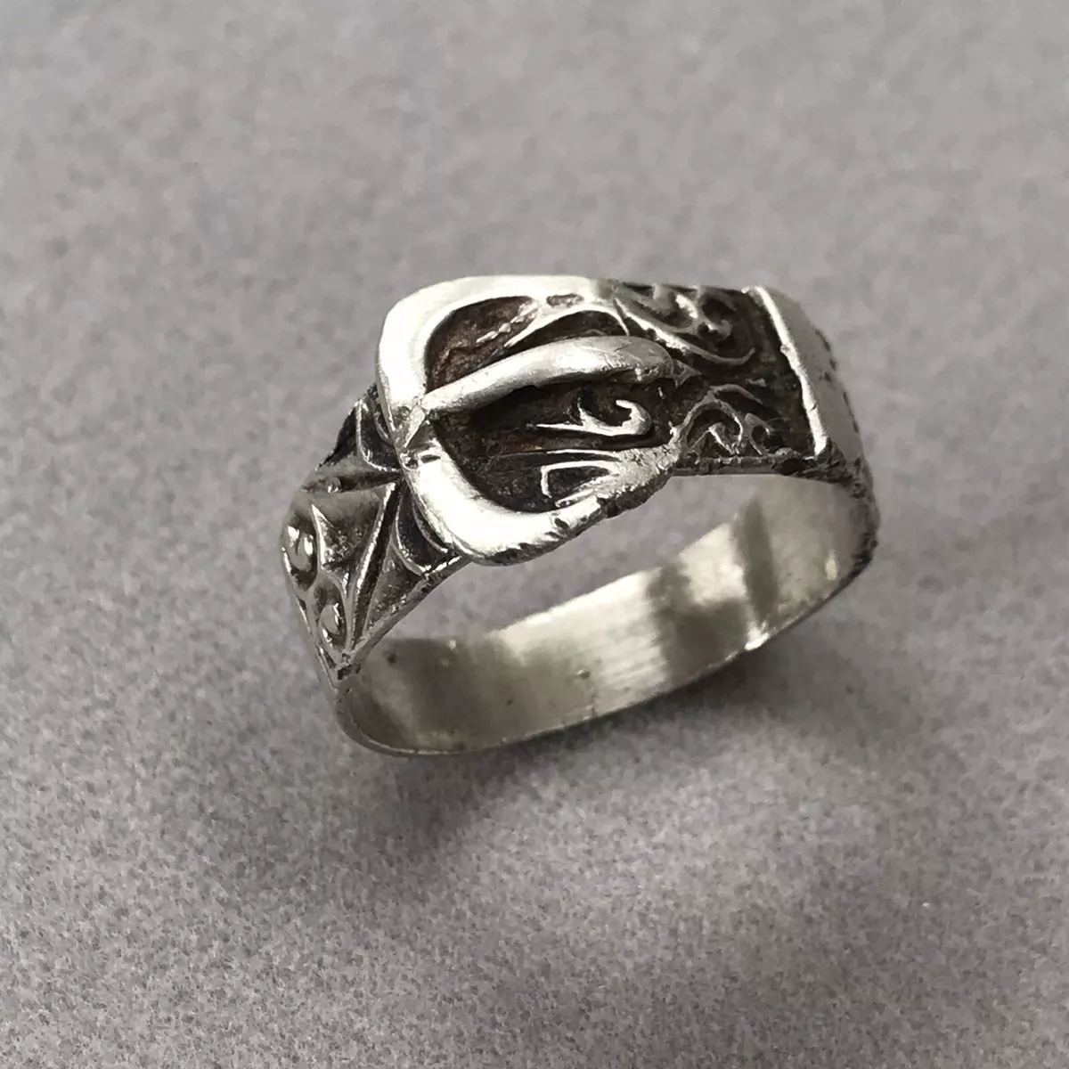 Men s Antique Victorian Sentimental Buckle Ring Sterling Silver 925 Size S 5g