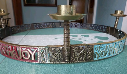 24" Vtg Advent Wreath TERRA SANCTA GUILD Brass BEHOLD THE LORD SHALL MAKE GLORY