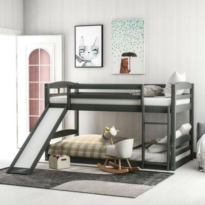 #ad Twin over Twin Low Bunk Bed with Slide and Ladder for Kids Adults Dorm Bedroom $289.89